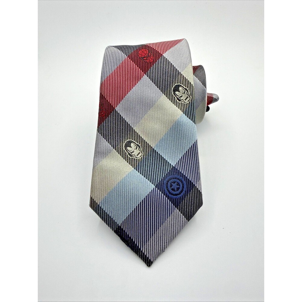 Marvel Captain America Blue Plaid Men's Tie Silk Character Faces Plaid Subtle